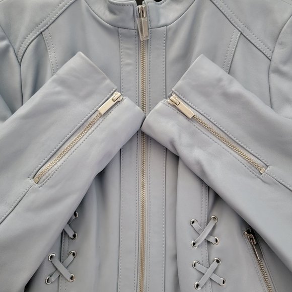 Neiman Marcus Light Blue Leather Lace-Up Moto Leather Jacket - Picture 13 of 16